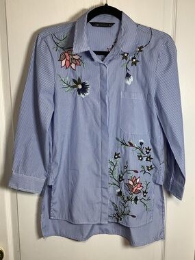 Zara Woman Striped Embroidered Button-Up Shirt with Floral Detail